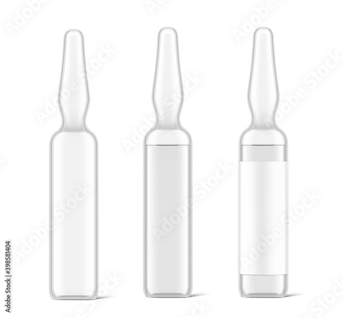 Transparent glass ampule for vaccine injections mockup. Vector illustration isolated on white background. Can be use for medicine, cosmetic and other. Ready for your design. EPS10.	