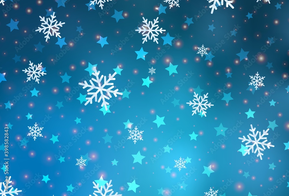 Light BLUE vector pattern with christmas snowflakes, stars. Light BLUE vector pattern with christmas snowflakes, stars.