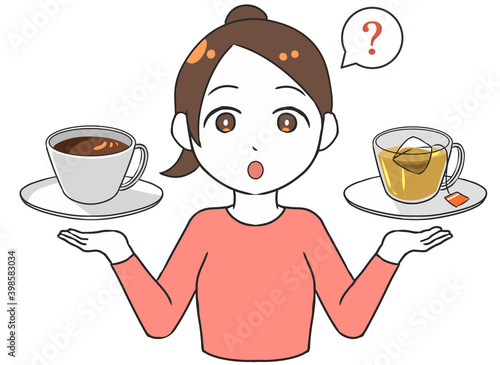 飲み物を比べる　悩む　女性
