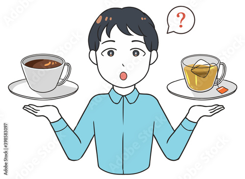 飲み物を比べる　悩む　男性