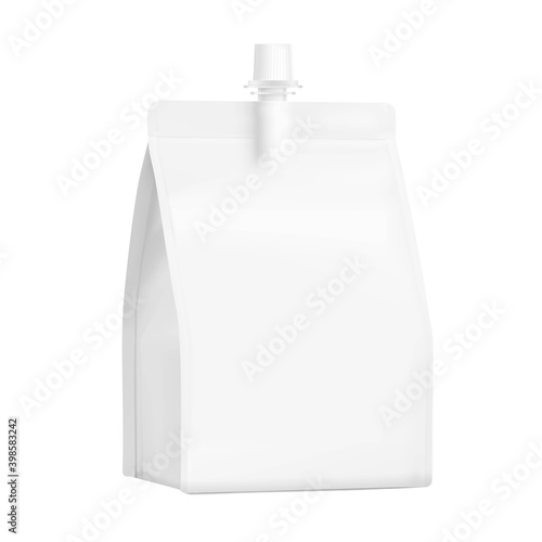 Food pouch bag with safety cap isolated on white background. Vector illustration. Perspective view. Can be use for template your design, presentation, promo, ad. EPS10.	