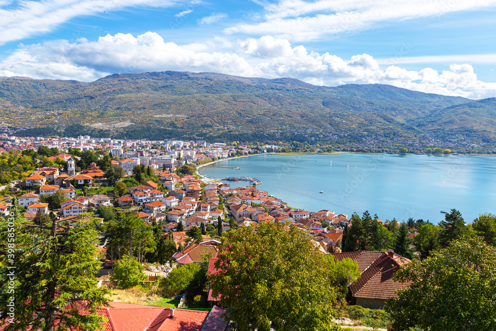 Aerial view of Ohrid old town at Ohrid lake, Ohrid is part of UNESCO's