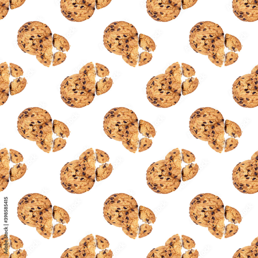 Top view of American chocolate chip cookie pieces repeat seamless pattern on light background. Top view of American chocolate chip cookie pieces repeat seamless pattern on light background.