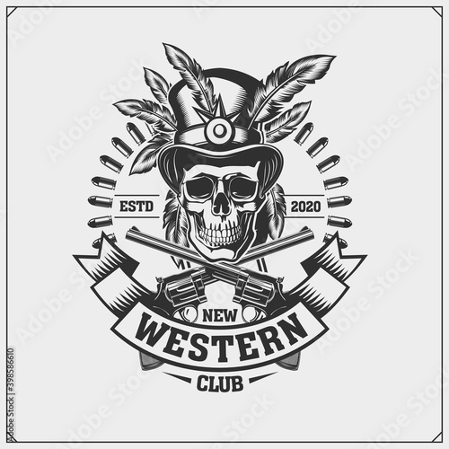 Wild west party emblem. Cowboy skull vintage label, badge and design elements. Print design for t-shirt.