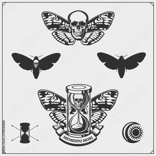 Memento mori. Hourglass, butterfly and skull. Brevity of human life. Print design for t-shirt. photo