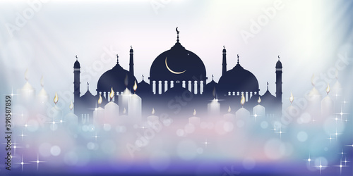 Eid mubarak card with mosque silhouette with candle light, stars and crescent. Ramadan or ramazan kareem background with copy space for Eid ul Fitr or ul Adha. Islam, muslim religion
