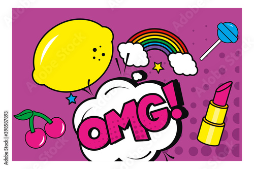 pop art omg explosion bubble lemon lipstick and rainbow vector design