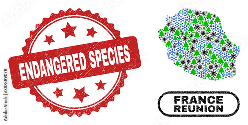 Vector Covid-2019 New Year collage Reunion Island map and Endangered Species corroded stamp. Endangered Species imprint uses rosette shape and red color.