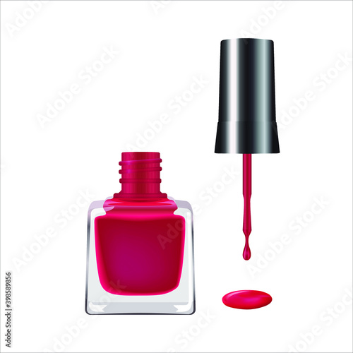 Nail polish of pink fashionable color on a white background. Nacreous pink nail polish pours out of a bottle on a white background