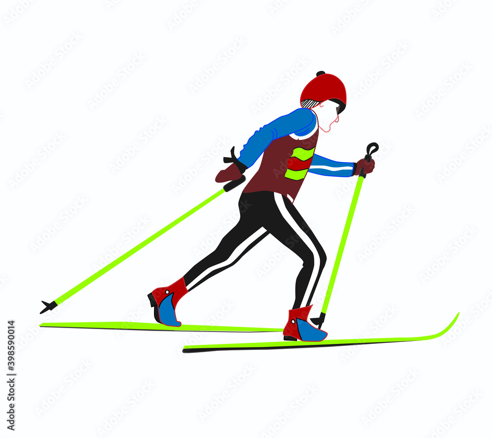 The athlete, running on skis. Cross-country skiing. Winter sport. Vector color illustration on a white background.