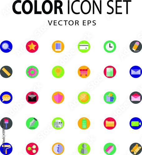 Flat multicolor vector icon set on colored circular backgrounds. Icons included pertain to business, e-commerce, media, education, technology and communication. Fully editable. Royalty free.