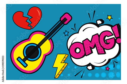 pop art omg explosion bubble and guitar vector design