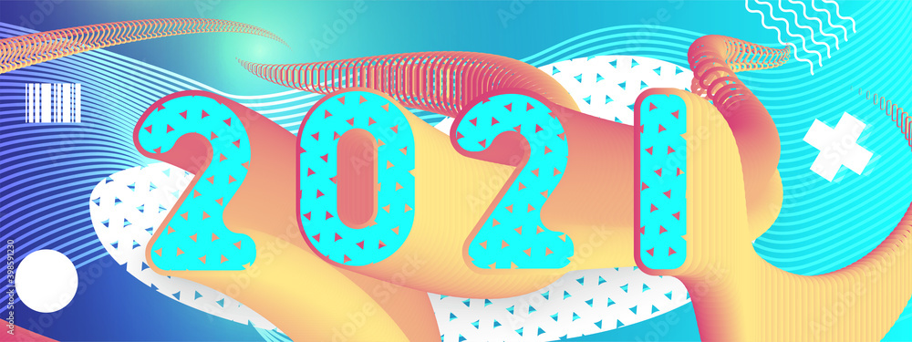 Naklejka premium 2021 geometric fluid characters abstract vector background . Happy new year web banner template with memphis style elements. Juicy bright colors. Greeting card, leaflet, web poster.