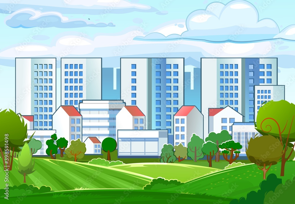 Suburb of the city. Cityscape. High-rise buildings, skyscrapers and high-rise buildings. Green parkland and farm fields. Flat style. Plots of land on the outskirts of the city. Vector