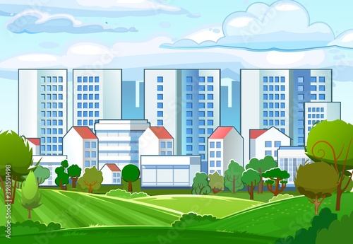 Suburb of the city. Cityscape. High-rise buildings, skyscrapers and high-rise buildings. Green parkland and farm fields. Flat style. Plots of land on the outskirts of the city. Vector