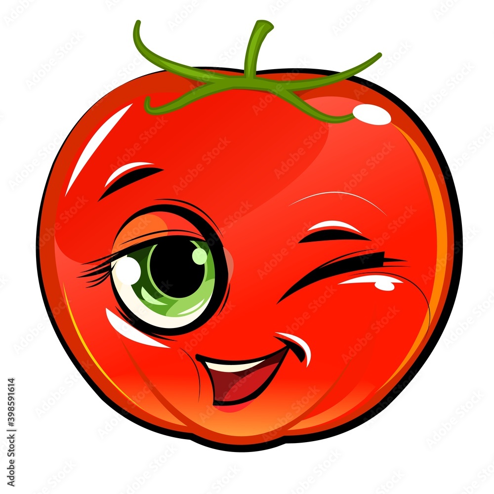Tomato cheerful smile. Juicy red fruit with a muzzle. Cartoon style. Isolated over white background. Vector illustration. Winks. Tomato cheerful smile. Juicy red fruit with a muzzle. Cartoon style. Isolated over white background. Vector illustration. Winks.