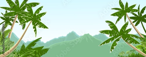Tropical jungle landscape. Plants, shrubs and palms. Sky. Cartoon flat style. Mountains on the horizon. Background illustration. Vector