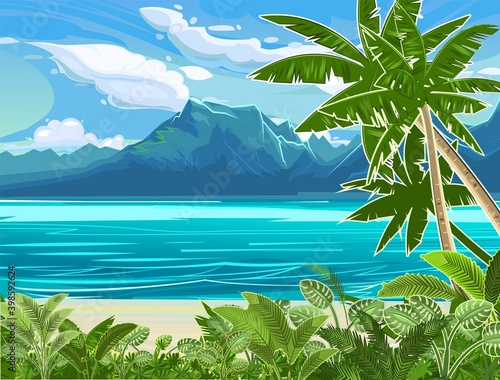 Beach. Seaside landscape. Tropical trees by the sea, ocean. Mountains in the distance on the horizon. Grass and thickets in the sand. Illustration. Vector