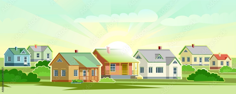 Village. A suburb with small one-story and high-rise buildings. Cozy place of residence. Flat style. Landscape. Vector