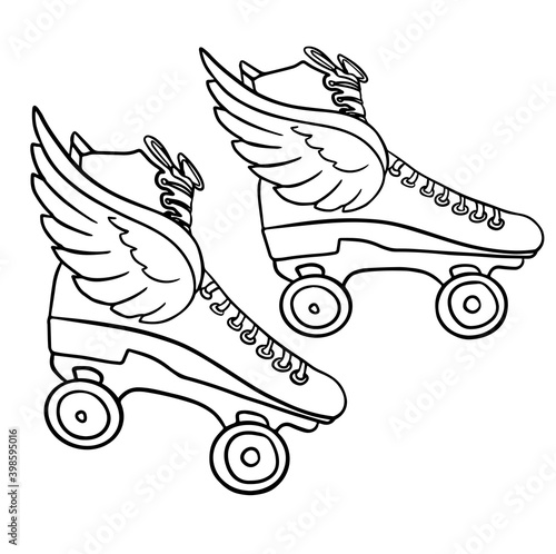 Cute girly roller skates with wings. Retro quad rollers cartoon vector illustration, isolated on white background.