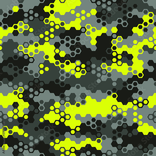 Hexagonal camouflage seamless pattern. Abstract modern geometric military endless background texture for fabric and fashion print. Vector illustration.