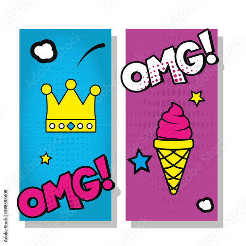 pop art crown and ice cream with omg vector design