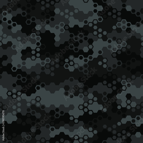 Hexagonal camouflage seamless pattern. Abstract modern geometric military endless background texture for fabric and fashion print. Vector illustration.