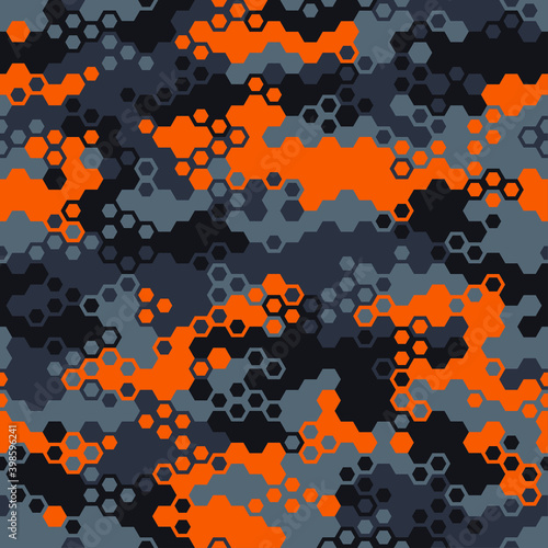 Hexagonal camouflage seamless pattern. Abstract modern geometric military endless background texture for fabric and fashion print. Vector illustration.