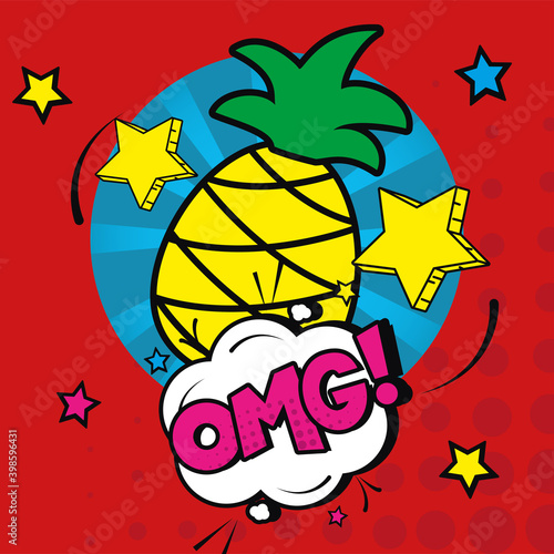 pop art pineapple with omg explosion bubble vector design