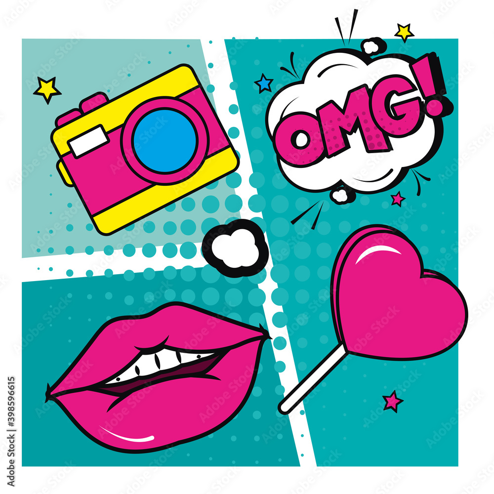 pop art mouth heart candy camera and omg explosion bubble vector design