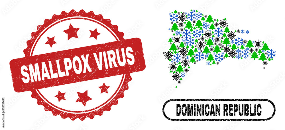 Vector pandemic New Year mosaic Dominican Republic map and Smallpox Virus rubber stamp seal. Smallpox Virus imprint uses rosette shape and red color.