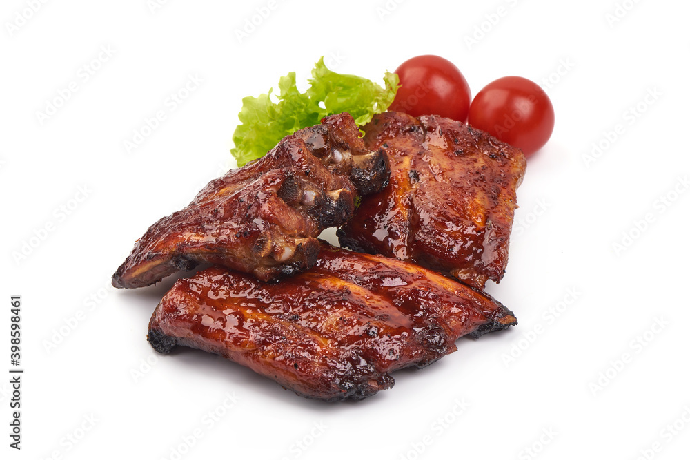 Roasted pork spare ribs in bbq sauce, spicy food, isolated on white background