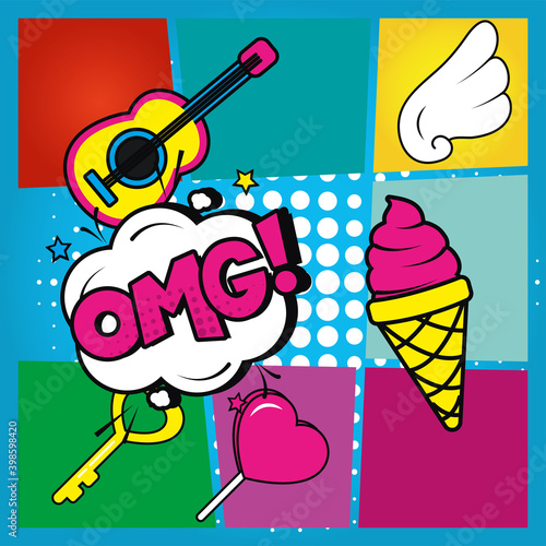 pop art omg explosion bubble guitar and ice cream vector design