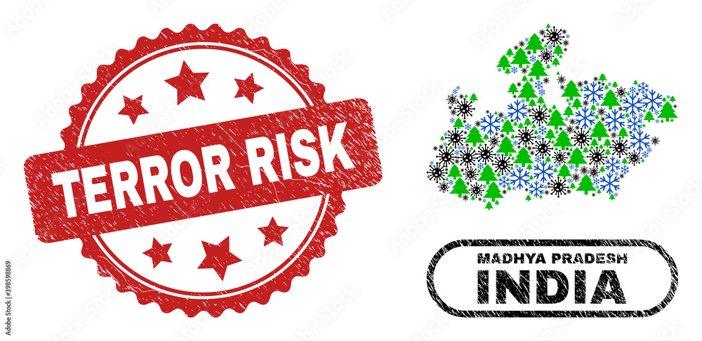 Vector Covid New Year collage Madhya Pradesh State map and Terror Risk textured watermark. Terror Risk imprint uses rosette shape and red color. Vector Covid New Year collage Madhya Pradesh State map and Terror Risk textured watermark. Terror Risk imprint uses rosette shape and red color.