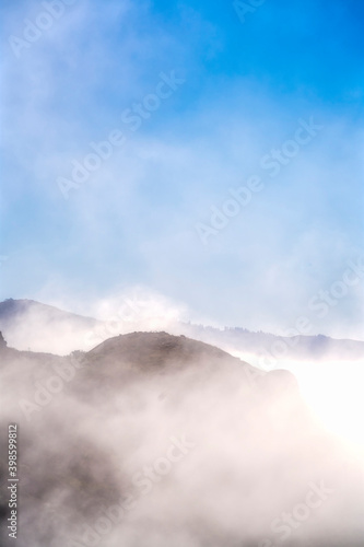 Fog surrounding Hills, morning, clouds, foggy