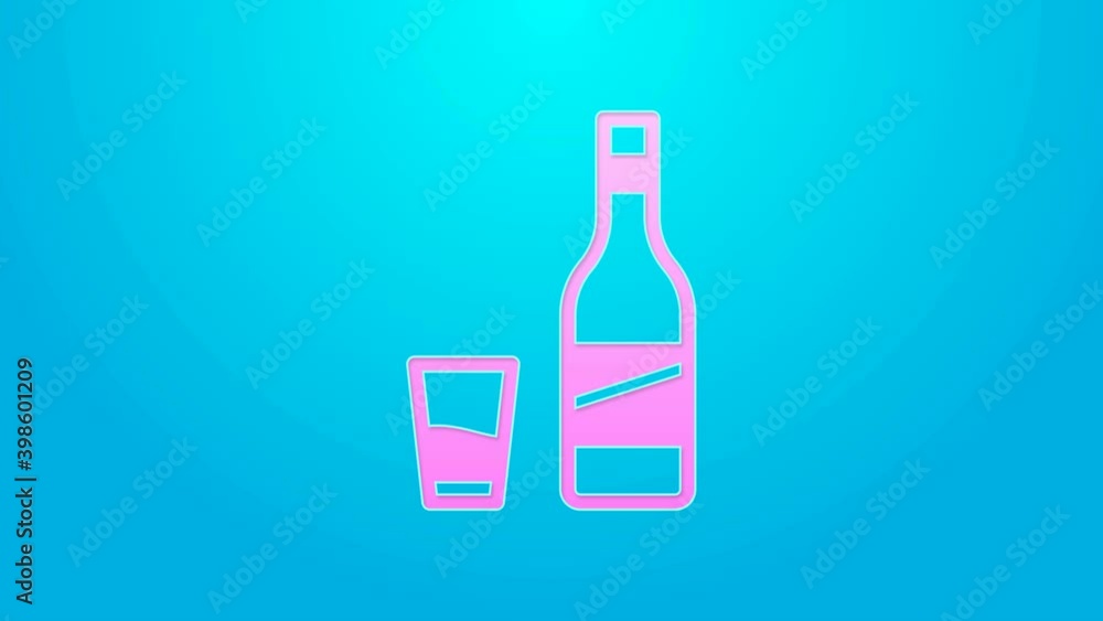 Pink line Bottle of vodka with glass icon isolated on blue background. 4K Video motion graphic animation Pink line Bottle of vodka with glass icon isolated on blue background. 4K Video motion graphic animation