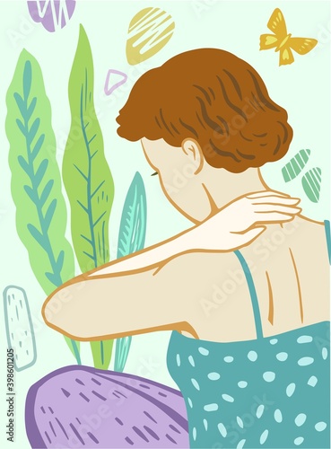 Young women with pain of the neck. Cute doodle vector illustration with pastel colors.