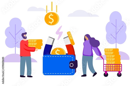 Wallet with money coins Vector flat illustration Financial services Small bankers are engaged in work A big magnet attracts money to a family wallet