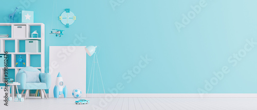 Fototapeta Naklejka Na Ścianę i Meble -  Children's room interior design with blue pastel colors. Little boys room with copy space. 3d render 3d illustration