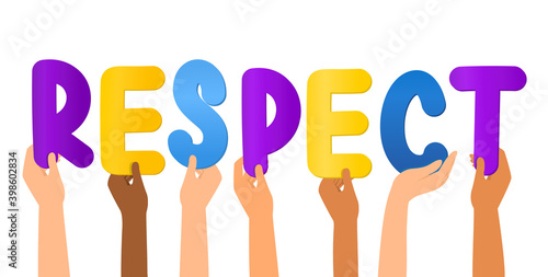 Respect concept. Diverse multiracial people holding letters in their hands. Isolated on white background. Relationship people. Web banner. Flat cartoon vector illustration