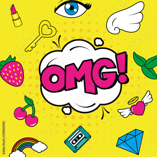 pop art omg explosion bubble with icon set vector design
