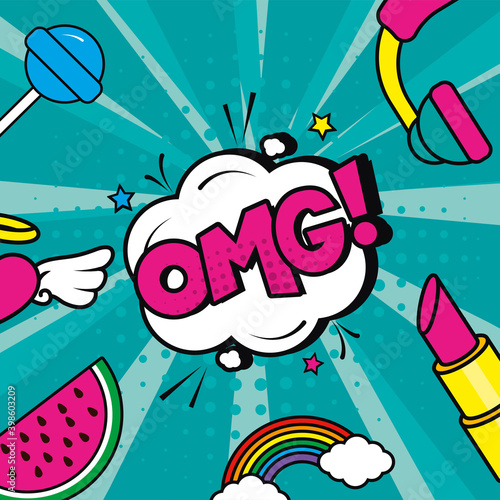 pop art omg explosion bubble with icon set vector design