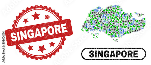Vector pandemic New Year mosaic Singapore map and Singapore corroded seal. Singapore stamp uses rosette shape and red color. Collage Singapore map is composed with randomized SARS virus, snowflake,