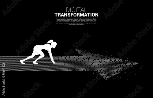 Silhouette of businesswoman in ready position on the arrow from pixel. concept of digital transformation of business.