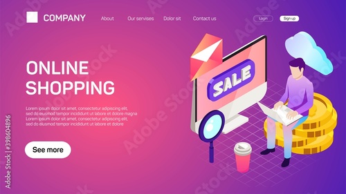 Vector illustration. Web business. E-commerce and money making. Internet banking. Flat header. Internet shopping. Web store. Global communication and trading.