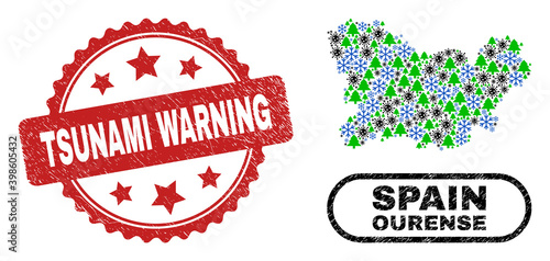 Vector Covid-2019 Christmas collage Ourense Province map and Tsunami Warning rubber stamp seal. Tsunami Warning stamp seal uses rosette shape and red color.