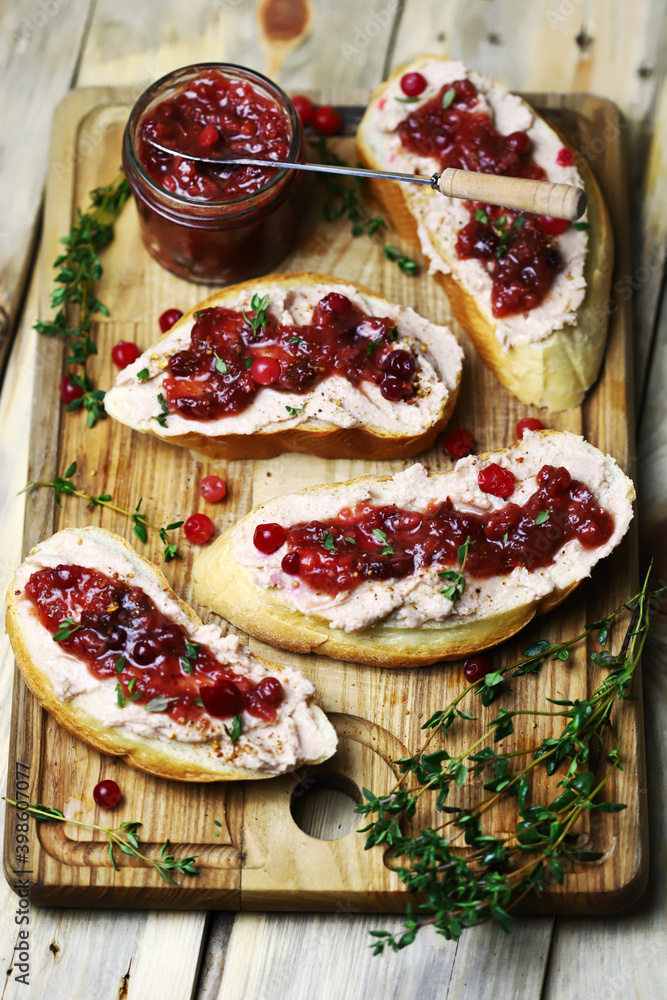 Sandwiches with pate and cranberry sauce. Healthy snack.