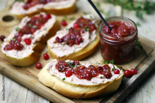 Sandwiches with pate and cranberry sauce. Healthy snack.