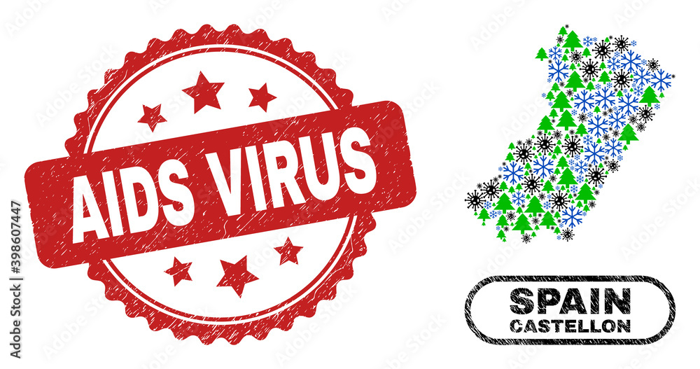 Vector pandemic Christmas combination Castellon Province map and AIDS Virus unclean stamp seal. AIDS Virus stamp uses rosette shape and red color. Vector pandemic Christmas combination Castellon Province map and AIDS Virus unclean stamp seal. AIDS Virus stamp uses rosette shape and red color.