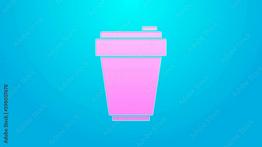 Pink line Fitness shaker icon isolated on blue background. Sports shaker bottle with lid for water and protein cocktails. 4K Video motion graphic animation Pink line Fitness shaker icon isolated on blue background. Sports shaker bottle with lid for water and protein cocktails. 4K Video motion graphic animation